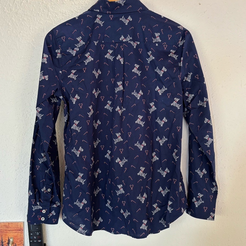 Talbots Navy Blue Button-Down Shirt with Dog and Candy Cane Print. - Picture 2 of 6